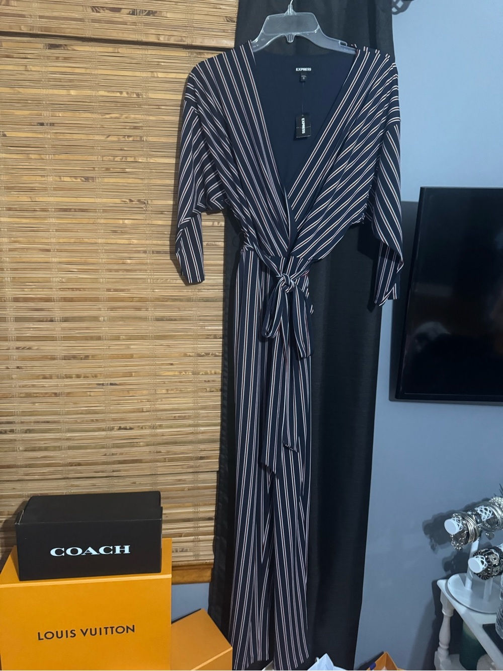 Express Navy and White Striped Long Sleeve Wrap jumpsuit with Tie